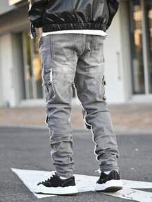 Devon Thys 男士时尚街头工装牛仔裤，修身多口袋休闲裤，Emo 风格 - 灰色 - 查看 2