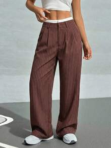 SHEIN EZwear 女士撞色腰带褶裥条纹阔腿西装裤，咖啡棕色 - 咖啡棕 - 查看 3