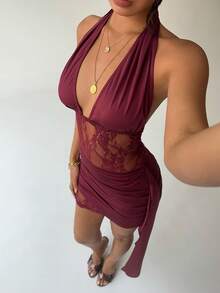 Aloruh 纯色无袖露背蕾丝拼接紧身连衣裙 - 酒紅色 - 查看 7