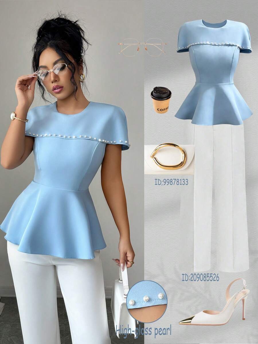 Elenzga New Spring/Summer Elegant Casual Chic Pearl Design Waist Cinched A-Line Blouse, Women Tops - Blue - View 1
