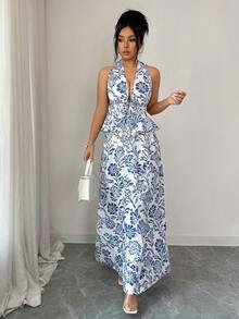 Elenzga 女士蓝白印花系带露背吊带背心+A字长裙两件套，春夏款 - 藍白色 - 查看 4