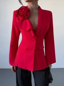 RiviMae Women's Asymmetric Collar Fitted Single-Breasted Slit Flared Sleeve Blazer Jacket - Red - View 1