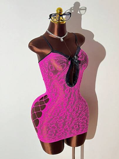 1pc Plus Size Women's Sexy Bowknot Camisole Sheer Bodycon Mini Skirt, Valentine's Day