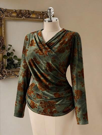 Rometta Plus Size Women's Vintage French Olive Green Printed V-Neck Ruched Slim Fit Long Sleeve Top. Suitable For: Daily Outings/Shopping, Afternoon Tea, Gathering With Friends, Commuting, Business Meetings, Dates, Retro Theme Parties