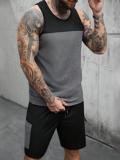 Manfinity CasualCool Men's Black Patchwork Vest Set, Mature Style For Spring/Summer