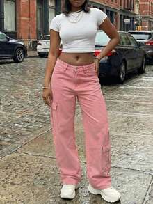 SHEIN ICON Quần jeans nữ màu trơn đơn giản, phong cách thường ngày - Hồng - Xem 1