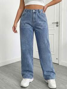 SHEIN Tall CURVE Quần jeans nữ cỡ lớn cạp cao, có túi, ống rộng, dáng suông, thoải mái - Màu xanh lam - Xem 4