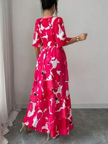 Selianne 优雅女士粉色印花V领荷叶边短袖长款连衣裙，休闲度假沙滩裙，适合夏季日常外出、约会、派对、用餐，渐变粉色印花腰部设计连衣裙 - 紅色 - 查看 2