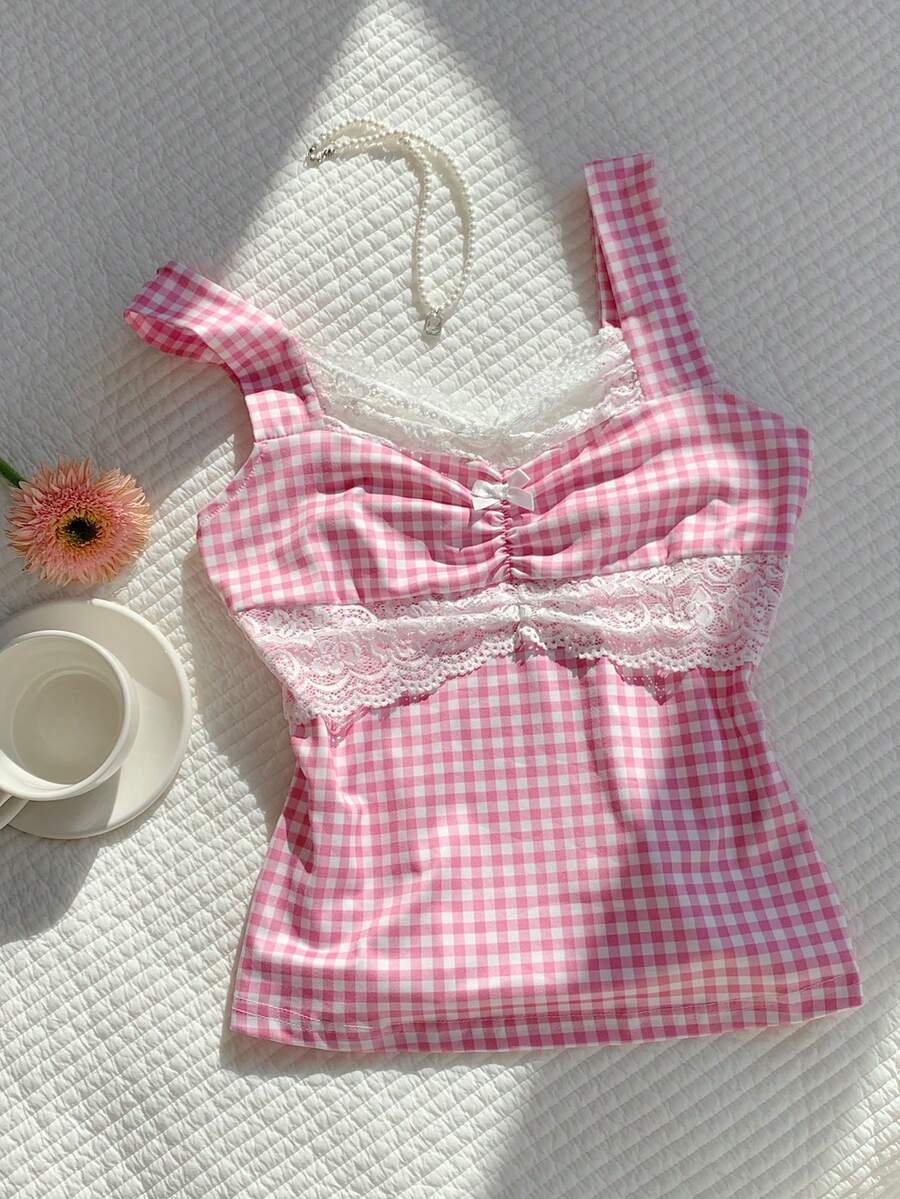 Comfortcana Women's Sweet Plaid Contrast Lace Ruched Bust Ruffle Hem Camisole Top, Summer For Women - Pink - View 1
