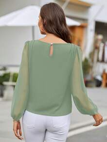 EMERY ROSE Blusa minimalista de cuello redondo, manga farol y parche de malla - verde menta - Ver 2