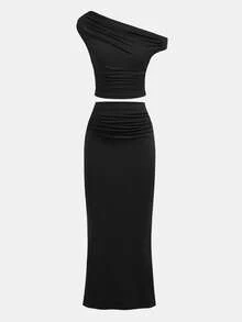 SHEIN Tween Girls' Casual Oblique Shoulder Short Sleeve Fitted T-Shirt Set - Black - View 1