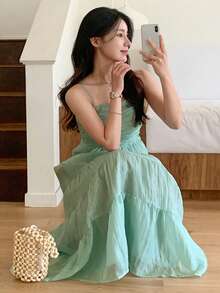 DAZY Women's Green Spaghetti Strap Vacation Glitter Mesh Midi Dress - Green - View 2