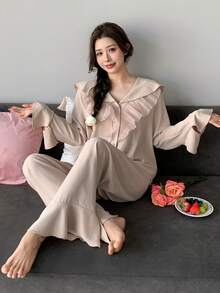 DAZY Women's Elegant Ruffle V-Neck Pajama Set, Spring - Pink - View 3