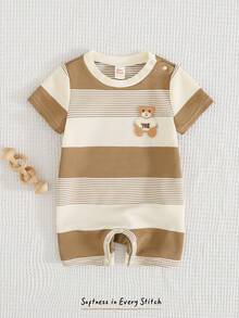 Cozy Pixies Baby Boy Cartoon Bear Striped Round Neck Short Sleeve Romper Shorts, Versatile & Comfortable - Khaki - View 6