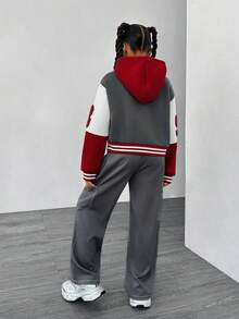 SHEIN 2pcs Tween Girl Contrast Patchwork Letter Bear Hooded Bomber Jacket And Pants Set, Streetwear - Multicolor - View 2