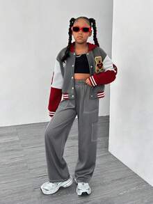 SHEIN 2pcs Tween Girl Contrast Patchwork Letter Bear Hooded Bomber Jacket And Pants Set, Streetwear - Multicolor - View 6
