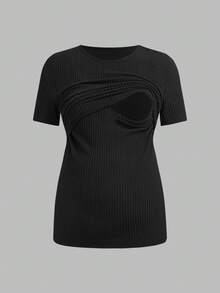 SHEIN Maternity & Nursing Casual Ribbed Crew Neck Short Sleeve Top, Summer - Green - View 5