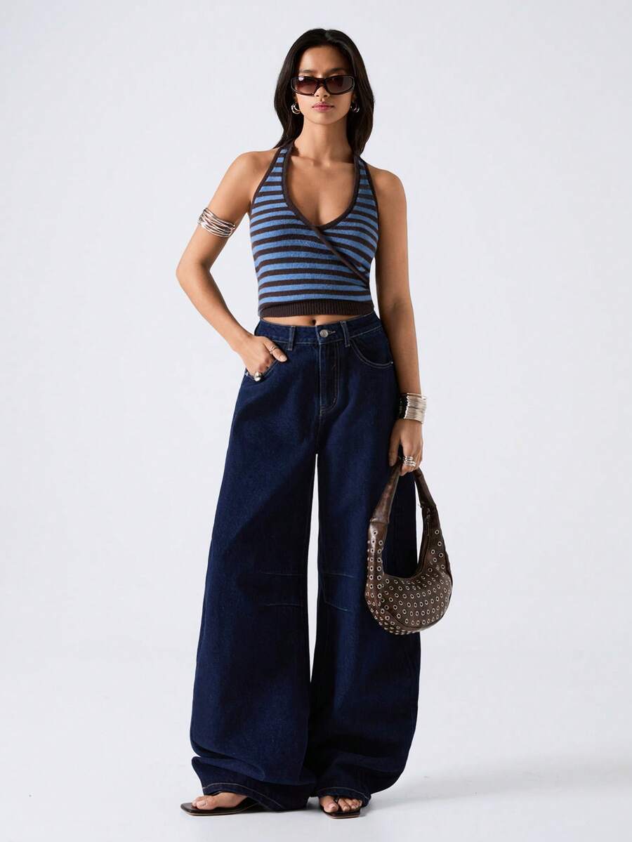 LYSMO 女士性感度假风休闲日常通勤撞色条纹露背系带针织上衣，夏季 - 彩色 - 查看 1