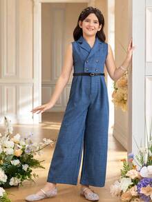 SHEIN Tween Girl Elegant Collared Sleeveless Jumpsuit, Comfortable & Minimalist Design - Royal Blue - View 4