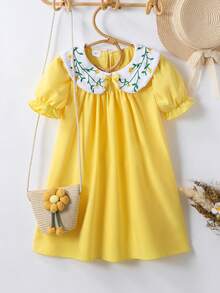 Souflis Souflis 夏季女童田园风彼得潘领蝴蝶结刺绣泡泡袖连衣裙，4-7岁，休闲时尚 - 黃色 - 查看 4
