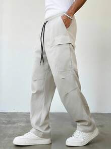 Manfinity Homme 男士休闲纯色翻盖口袋抽绳腰裤 男士宽松裤 灰色工装裤 男士战术裤 男士工装裤 - 淺灰色 - 查看 7