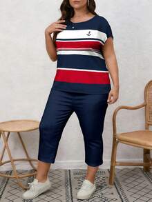 EMERY ROSE Nautical Striped Print Plus Size 2 Pieces Set, Suitable For Vacation - Multicolor - View 4