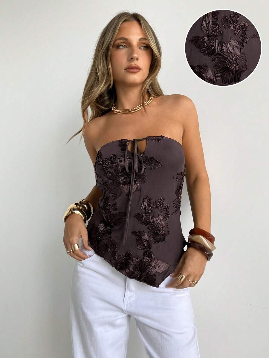 Siren Gaze Women's Casual Brown Knitted Regular Length Halter Asymmetrical Hem Sleeveless Top With Floral Design Summer - Brown - View 1