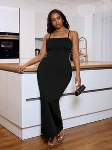 Veslaya Vestido Longo Preto Básico Estilo Sexy com Alças Finas, Decote Nas Costas e Amarração Na Frente, Tecido Elástico de Malha, Tamanhos Grandes, Adequado para Ocasiões Elegantes, Casuais, Férias, Passeios Diários, Reuniões, Encontros, Festivais de Música, Jantares e Festas - Preto - Visão 9