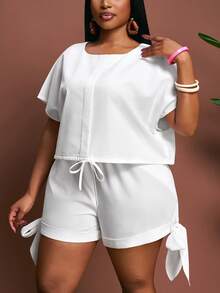Slaydiva Summer White Silky Smart Casual Holiday 2pcs Set,Plus Size Backless Waist Crop Top And Shorts,Boho Beach Music Festival Streetwear Chic Outfits - White - View 6