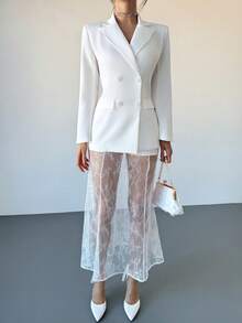 RiviMae 女士春秋季垫肩双排扣西装外套及蕾丝鱼尾裙套装 - 杏色 - 查看 5