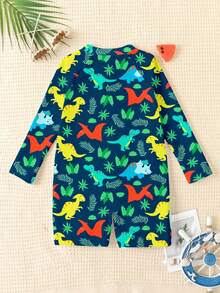 Young Boy Classic Ocean Animal & Palm Tree Print Slim Fit Long Sleeve One-Piece Swimsuit, Suitable For Summer, Beach, Surfing, Swimming - Multicolor - View 3