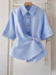 Franclia Nueva camisa de verano de moda para mujer con cuello de solapa, botones y corte asimétrico, de estilo casual y holgado con cintura ceñida - Azul - Ver 5