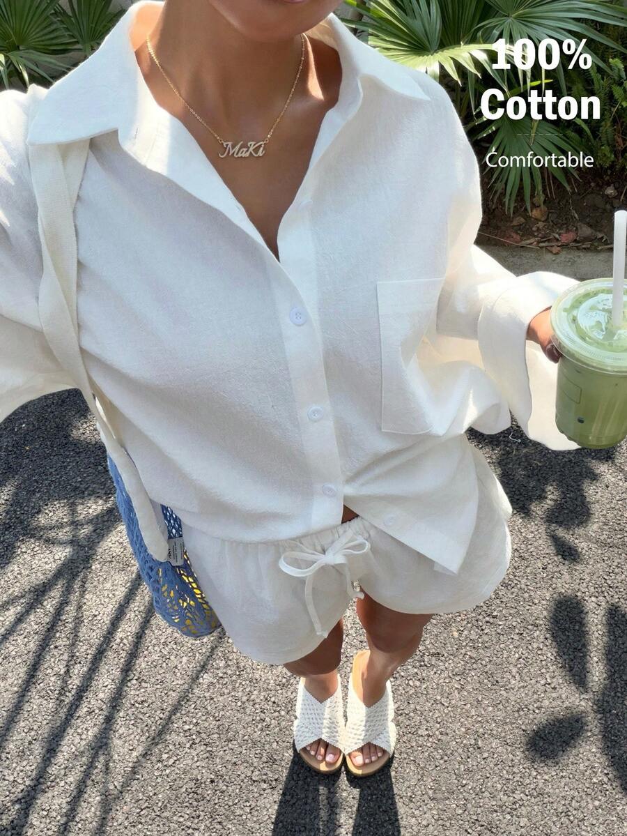 Muchica Women's Summer New Casual Vacation White Woven Shirt & Shorts Set - White - View 1