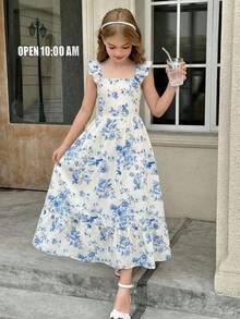 SHEIN Đầm mùa hè cho bé gái tuổi teen, họa tiết hoa xanh trắng, viền bèo nhún, eo thắt, phong cách boho, thích hợp cho kỳ nghỉ biển. - Xanh và trắng - Xem 7