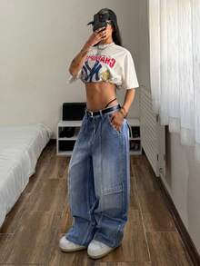 StreetHx 女士宽松蓝色牛仔裤，带口袋，时尚夏季款 - 藍色 - 查看 3