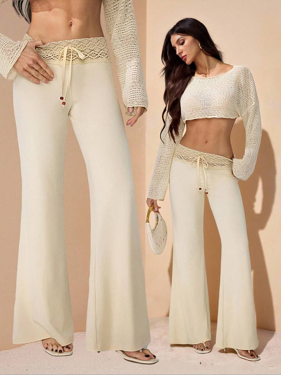 SHEIN Tall 女士白色针织腰带串珠抽绳直筒宽松休闲度假裤 - 白色 - 查看 1