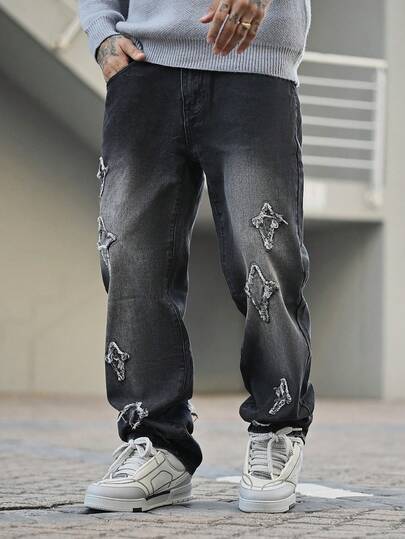 Devon Thys 垃圾摇滚哥特 Y2K 风格男式工装裤，带五角星贴片、直腿口袋、休闲宽松街头牛仔裤