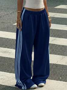 Muchica Women's Blue Knit Patchwork Striped Wide Leg Casual Sweatpants - Blue - View 1