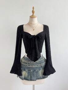 Elamini Women's Long Sleeve Mesh T-Shirt With Heart Neckline, Ruched Front Design And Bow Tie - Black - View 5