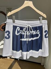 Comfortcana Quần short mùa hè cỡ lớn, kiểu dáng thường ngày, phối màu, in chữ. - Màu xanh lam - Xem 3