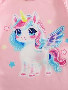 女婴卡通独角兽图案针织柔软圆领长袖上衣和松紧腰长裤贴身两件套睡衣 - 粉色 - 查看 6