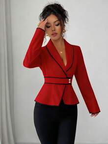 Rafferiza Kemeja Wanita Lengan Panjang Pas Badan dengan Kerah Syal dan Trim Kontras, Cocok untuk Kerja dan Perjalanan, Musim Semi/Gugur - Merah - View 3