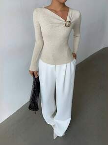 Selianne 女士优雅修身不对称金属扣装饰长袖毛衣，春夏款 - 杏色 - 查看 6