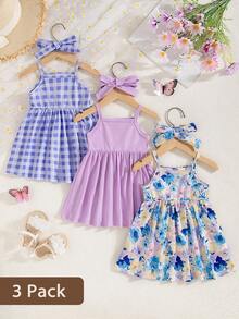 SHEIN 3 Stück/Set Baby Mädchen süßes Blumen- und Schmetterlingsmuster bequemes einfaches Kleid - Violett - Übersicht 2