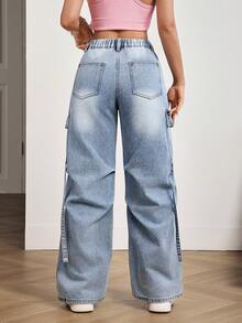 SHEIN PETITE Women's Pocketed Button Utility Design Casual Versatile Daily Wear Wide Leg Jeans - Blue - View 2