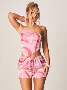MISSGUIDED Asymmetric One Shoulder Pink Swirl Pattern Crop Top With Bow Tie Detail - Multicolor - View 1