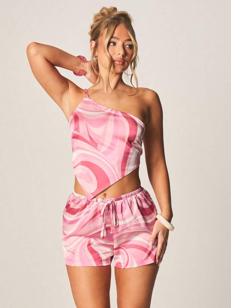 MISSGUIDED アシンメトリー ワンショルダー ピンク スワール柄 クロップトップ リボンディテール付き