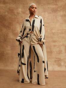 Vixey Printed Woven Button Down Pointed Collar Long Sleeve Maxi Shirt Dress - Brown - View 3