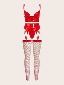 EmpressEnvy Hollow Out Detail Pu Leather Sexy Lingerie Set, Going Out - Red - View 4