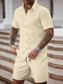 Manfinity Homme 男士夏季休闲度假简约纯色纹理面料短袖衬衫和抽绳腰短裤套装 - 杏色 - 查看 6